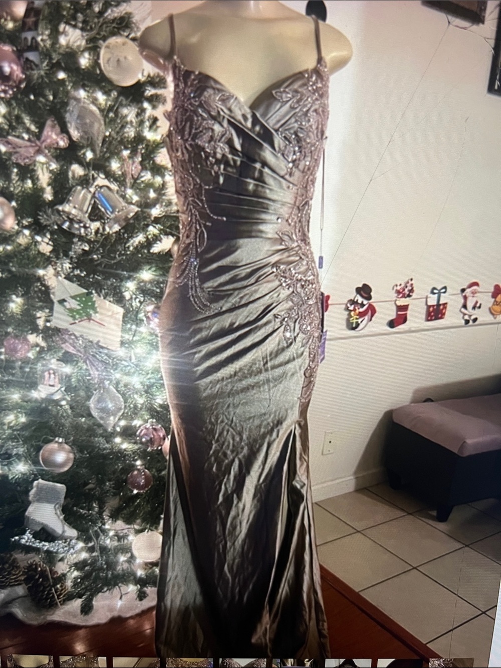 Beaded Spaghetti-Strap Maxi Dress in Taupe